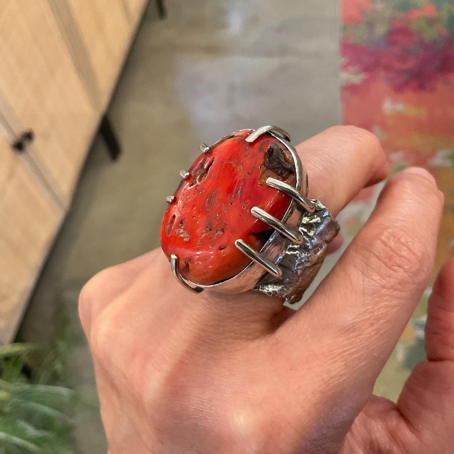 Sterling Statement natural red coral brutalist adjustable cuff ring 7-11