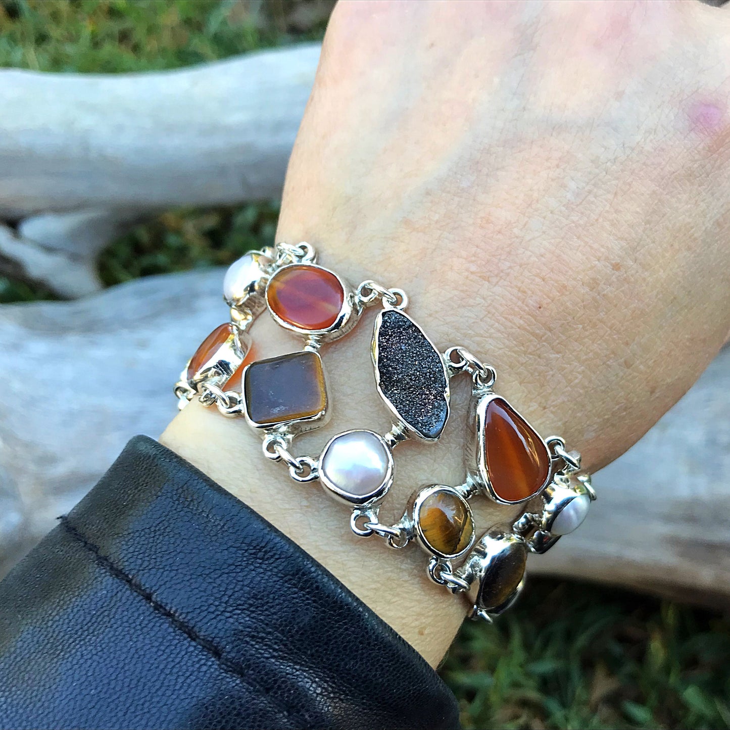 950 sterling silver heirloom statement white pearl tiger eye druzzy carnelian  Bracelet