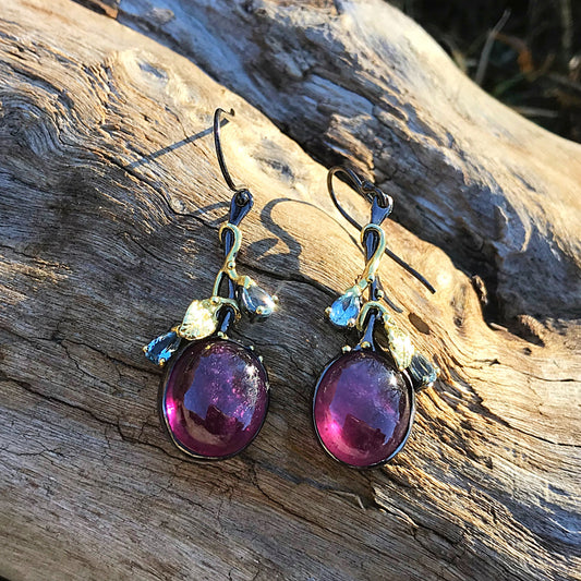 Sterling Silver red ruby topaz art dangle Earrings