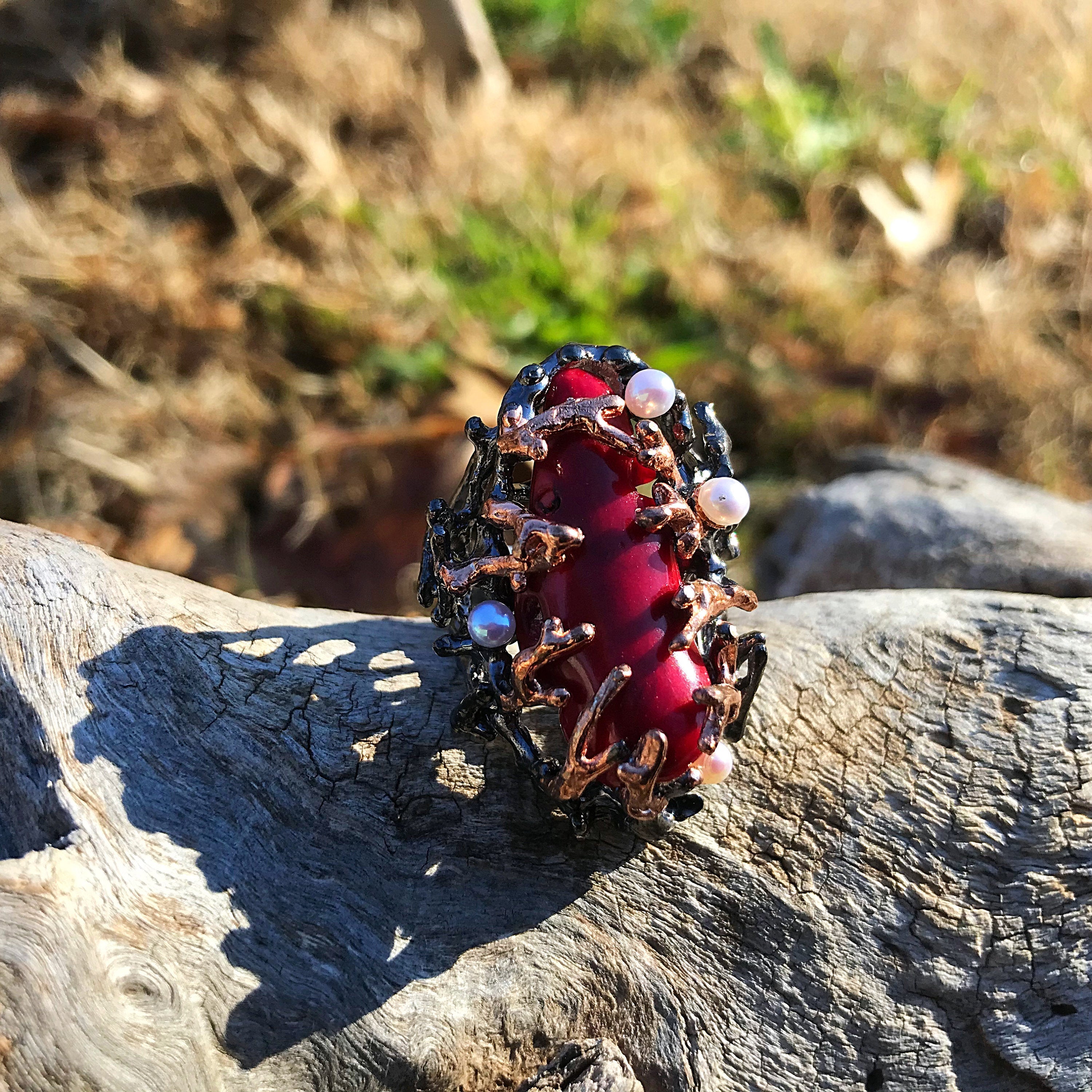 Red coral and pearl on sale ring