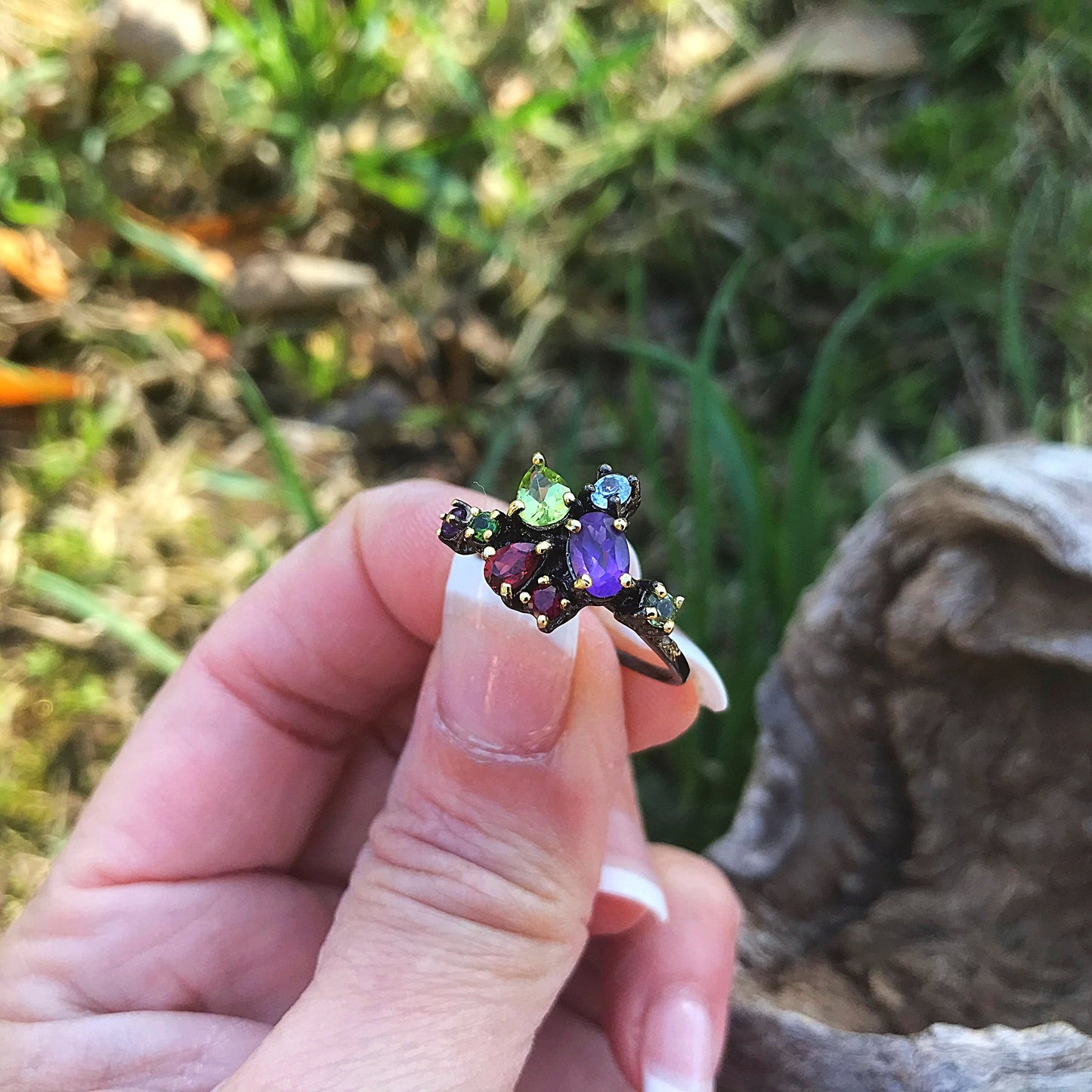 Sterling silver amethyst peridot topaz ring 7