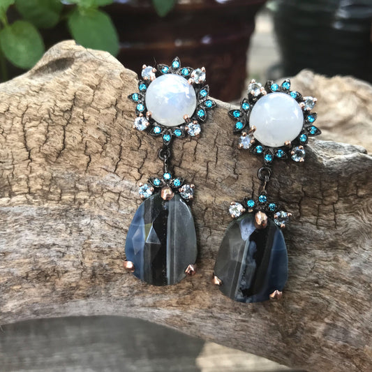 Sterling silver blue opal moonstone  statement earrings