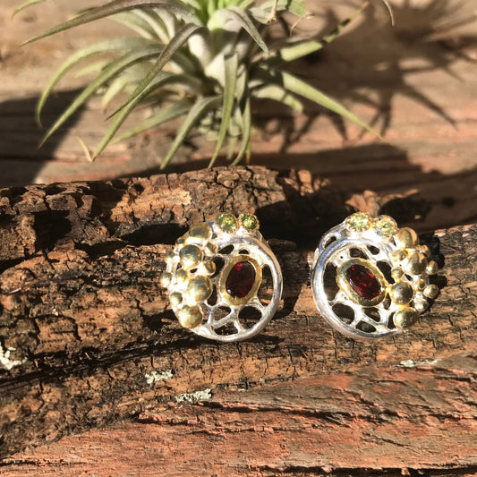 Sterling Silver red garnet peridot stud Earrings