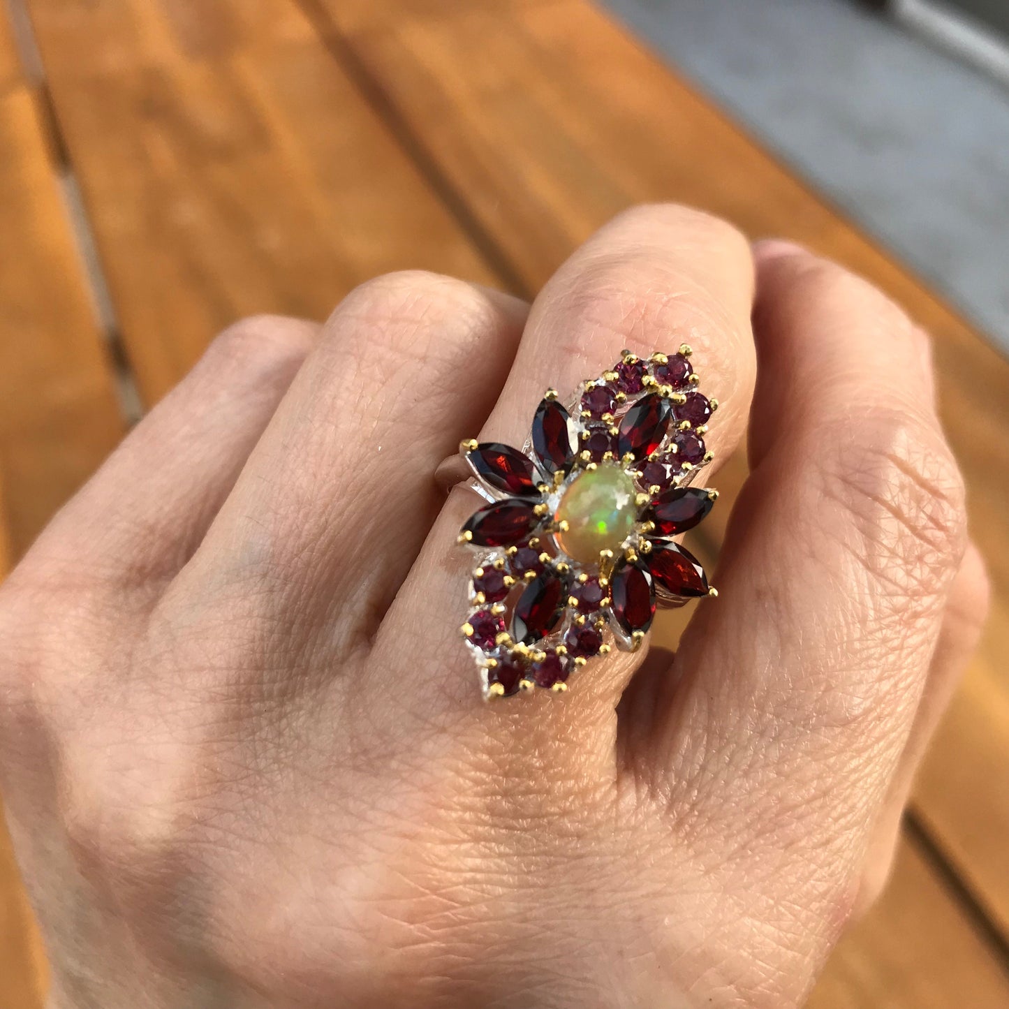 Sterling Silver Handmade  Opal Rhodolite  ring 8