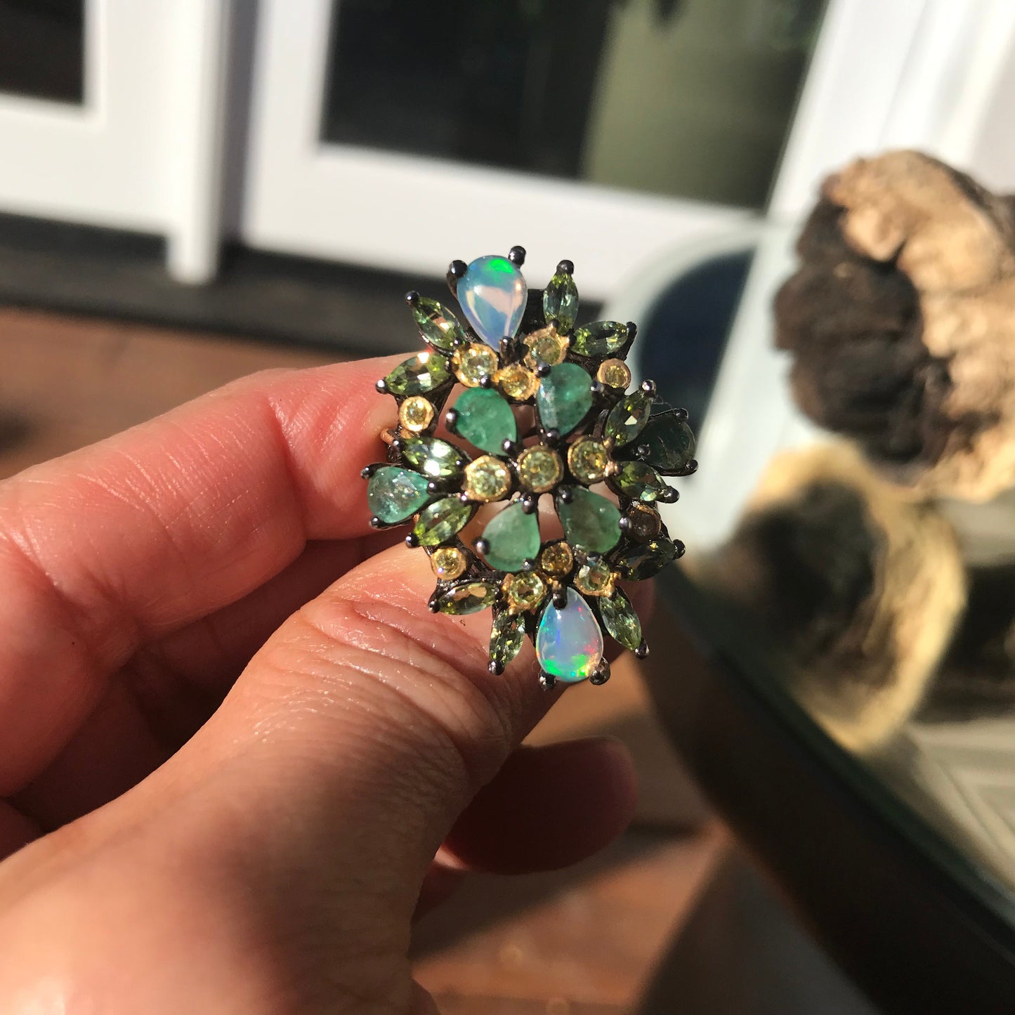 Sterling Silver Fire opal Emerald Fancy cluster Ring 5