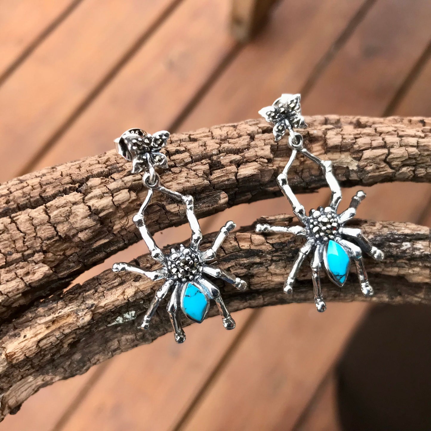 Sterling-silver Spider Marcasite Turquoise Dangle Earrings