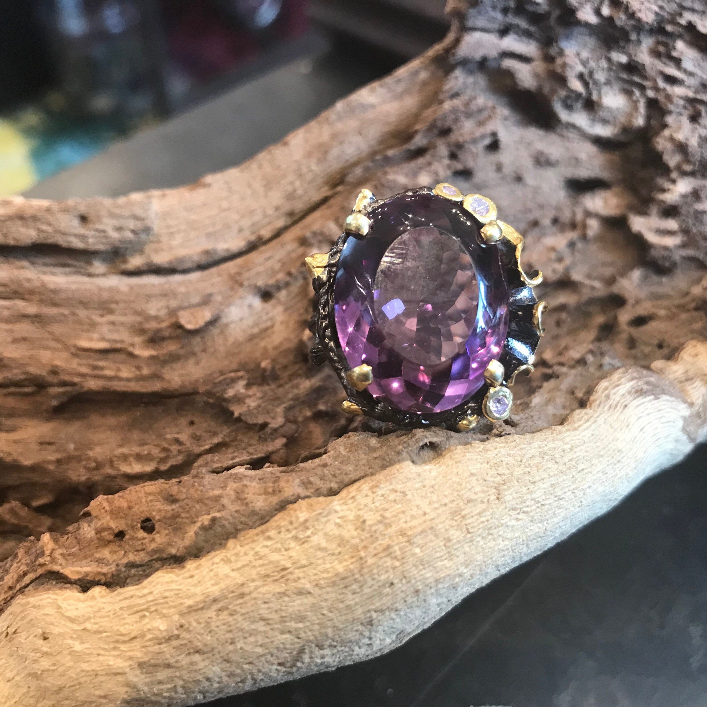 Silver Art Deco Amethyst Ring 10x14 mm Oval Amethyst Ring 5 Ct Amethyst Band Flower Amethyst Ring Natural popular Amethyst Band February Birthstone