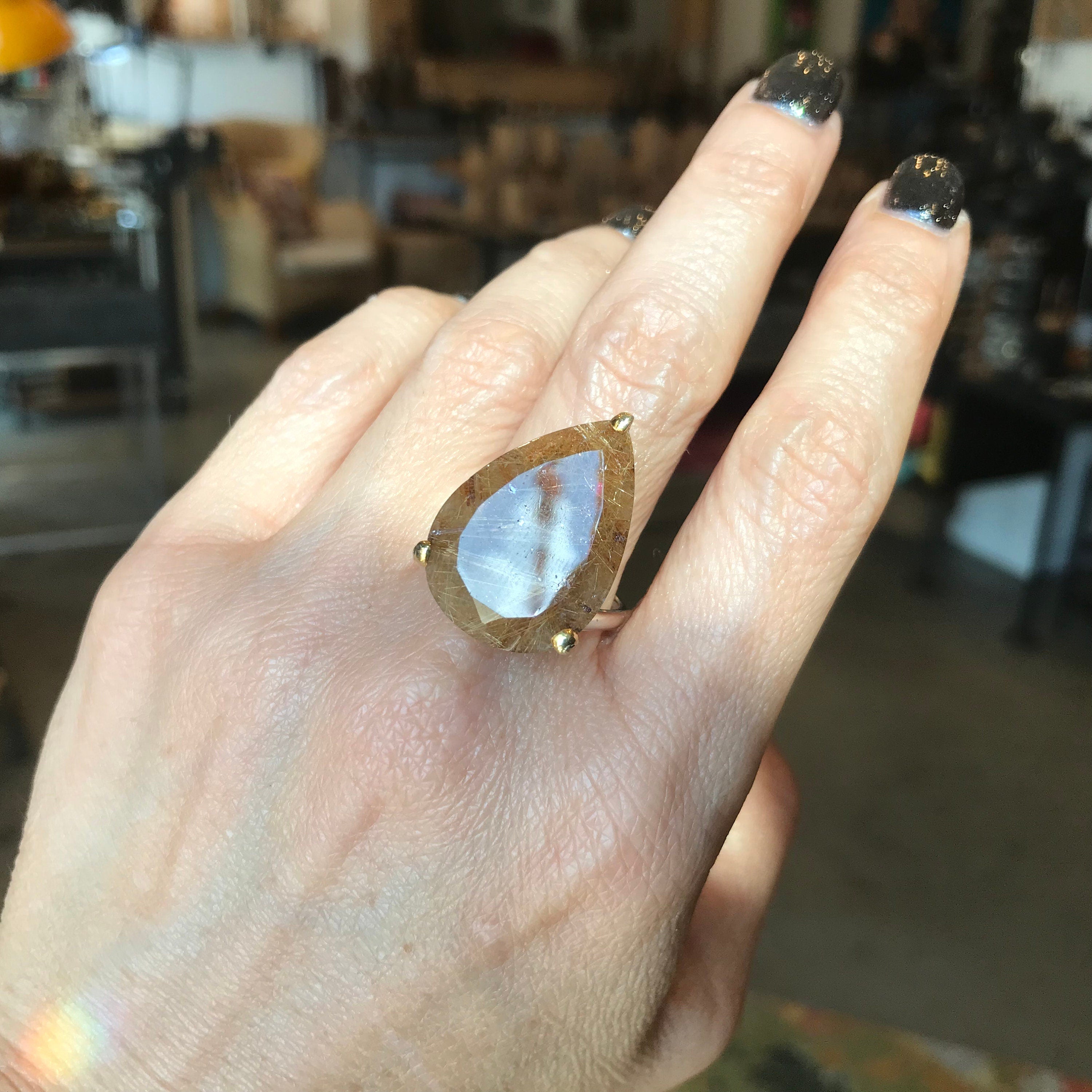 Best quality outlet Golden Rutilated Quartz 18K Gold over .925 Sterling Silver handcrafted Ring Size 8