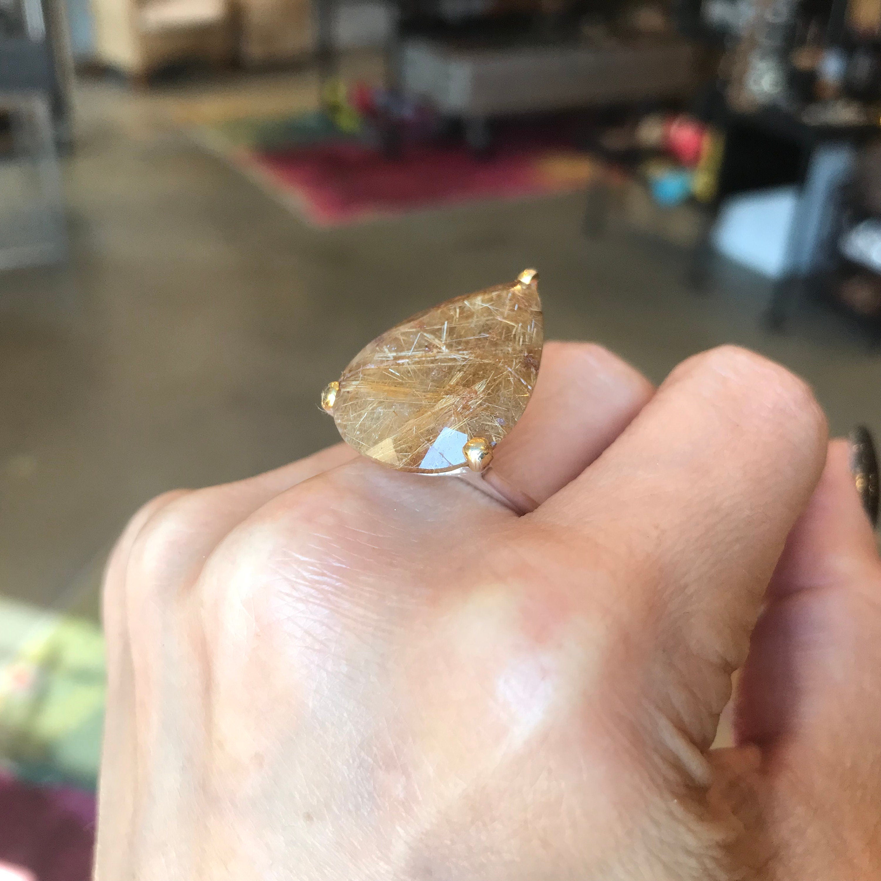 Best quality outlet Golden Rutilated Quartz 18K Gold over .925 Sterling Silver handcrafted Ring Size 8