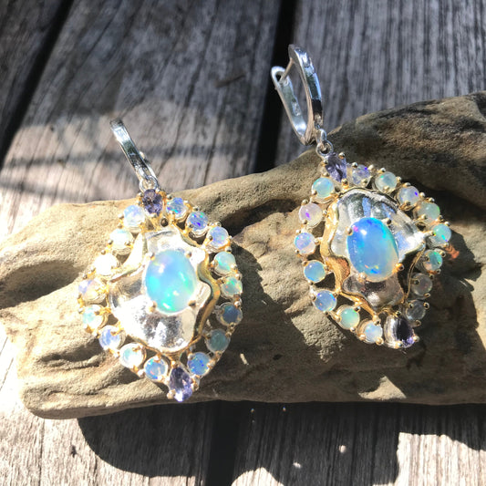 sterling silver Rainbow cluster Natural opal lolite earrings