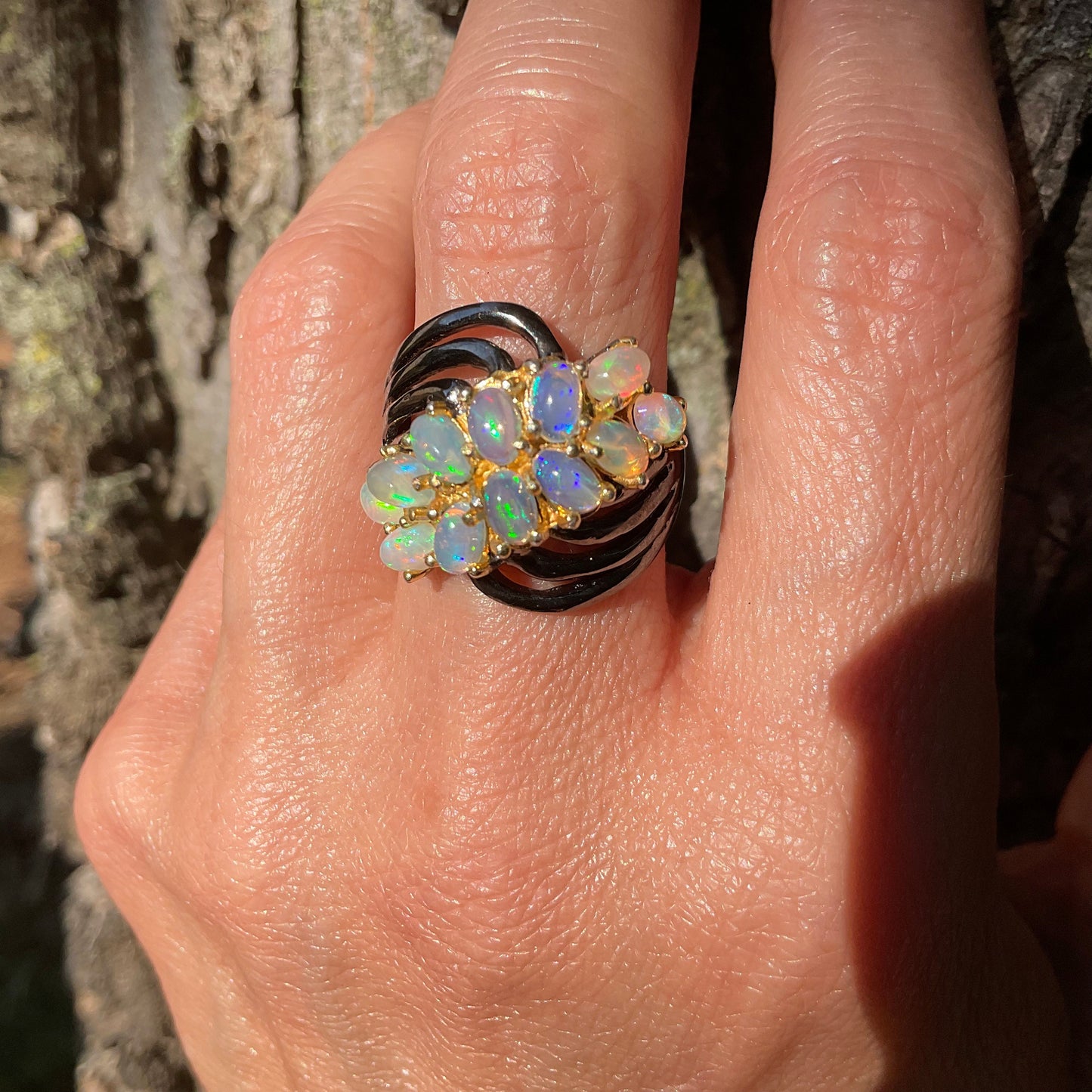 Sterling Silver Fire opal cluster band Ring 7.5