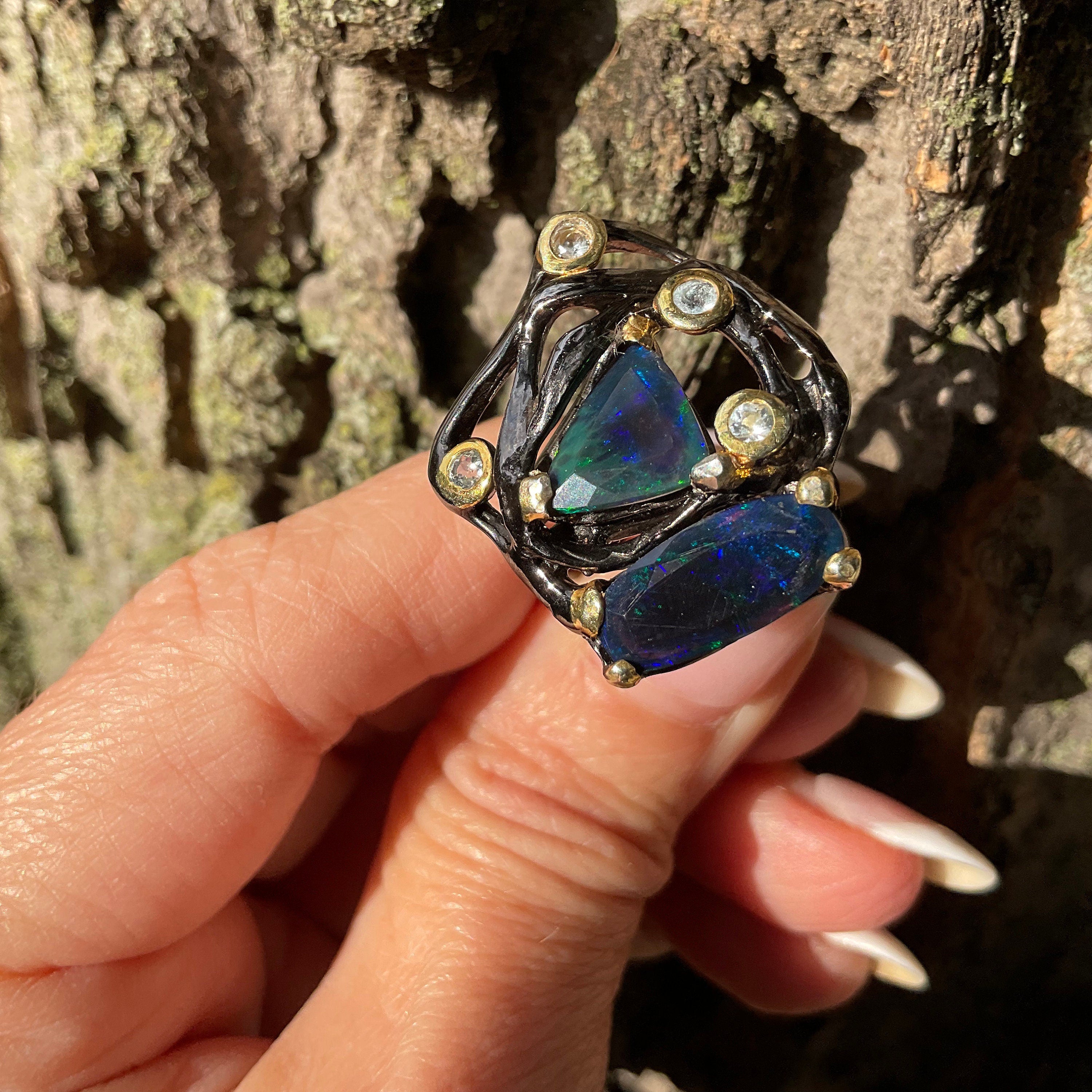 Handwrought Modernist Boulder Opal & Aquamarine Sterling online Ring