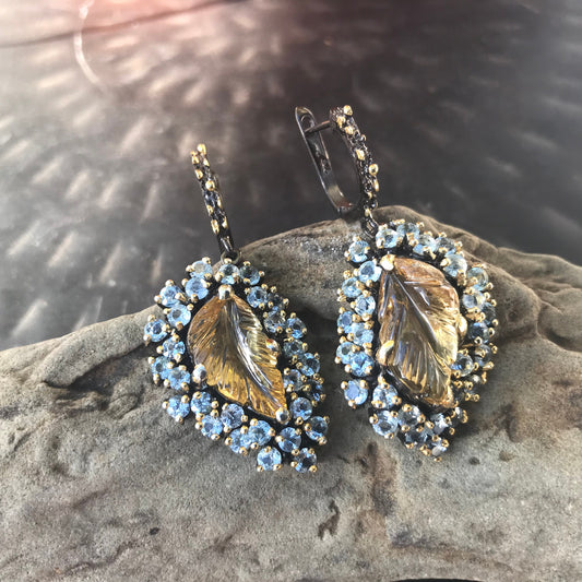 Sterling silver Natural Carved citrine blue topaz leaf Earrings