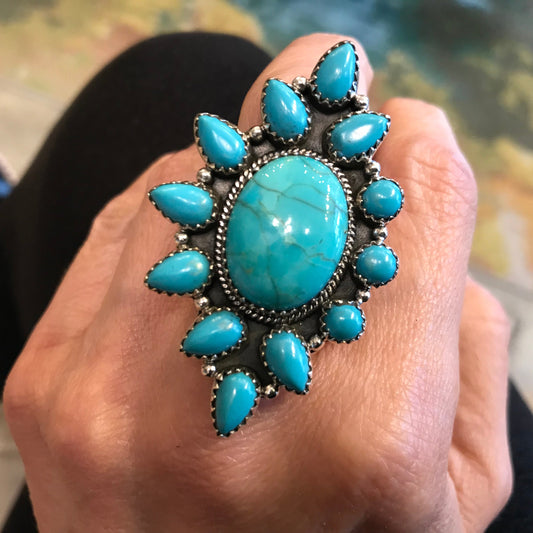 Sterling Statement turquoise huge adjustable Cluster ring