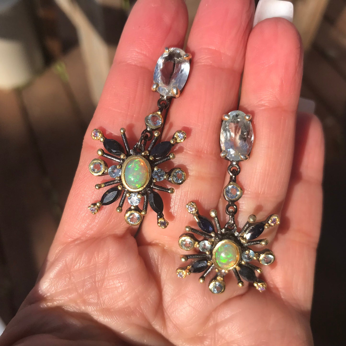 Sterling Silver Rainbow Natural Opal topaz sunburst earrings