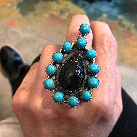 Sterling Statement turquoise huge adjustable Cluster ring obsidian