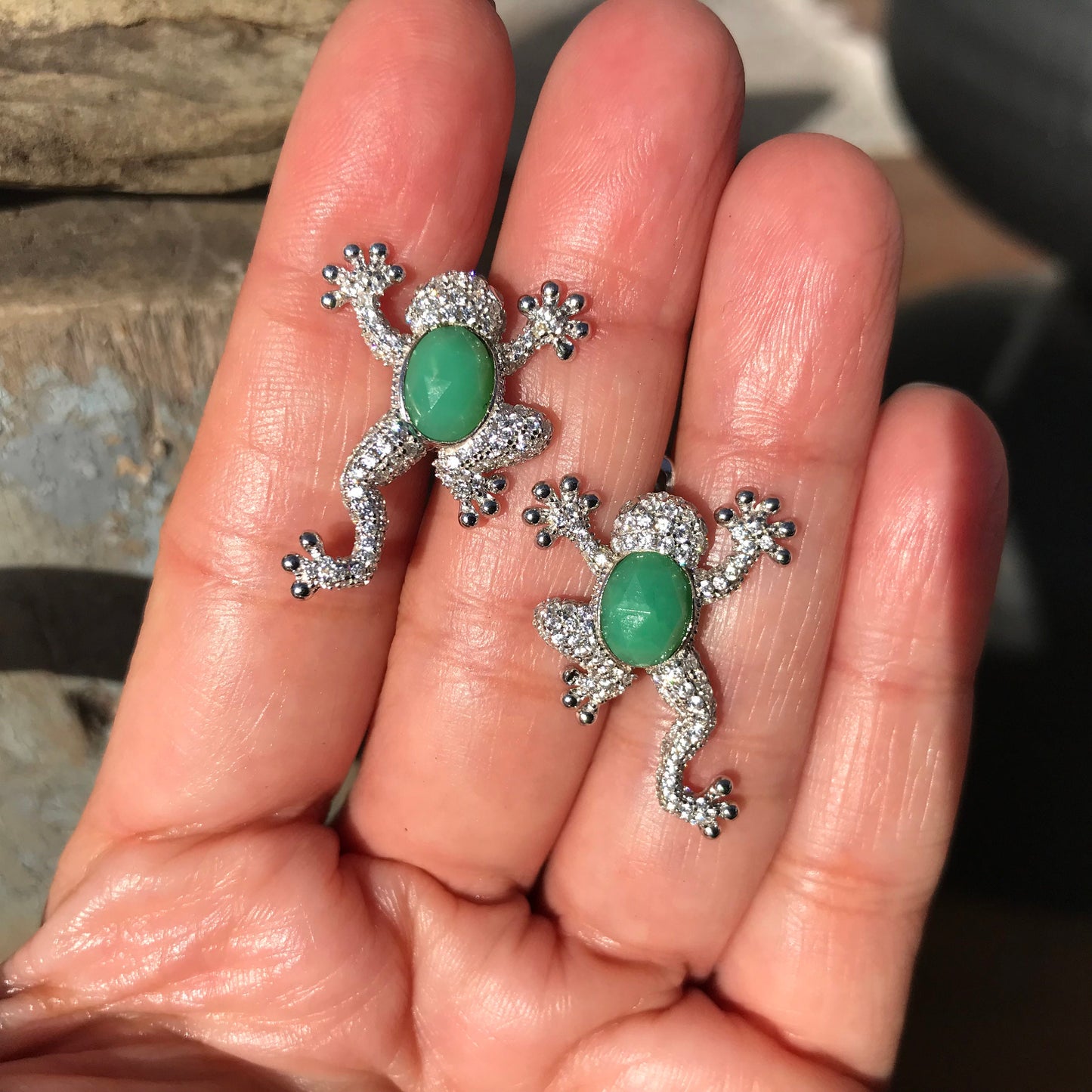 sterling silver Natural chrysoprase  Stud frog earrings