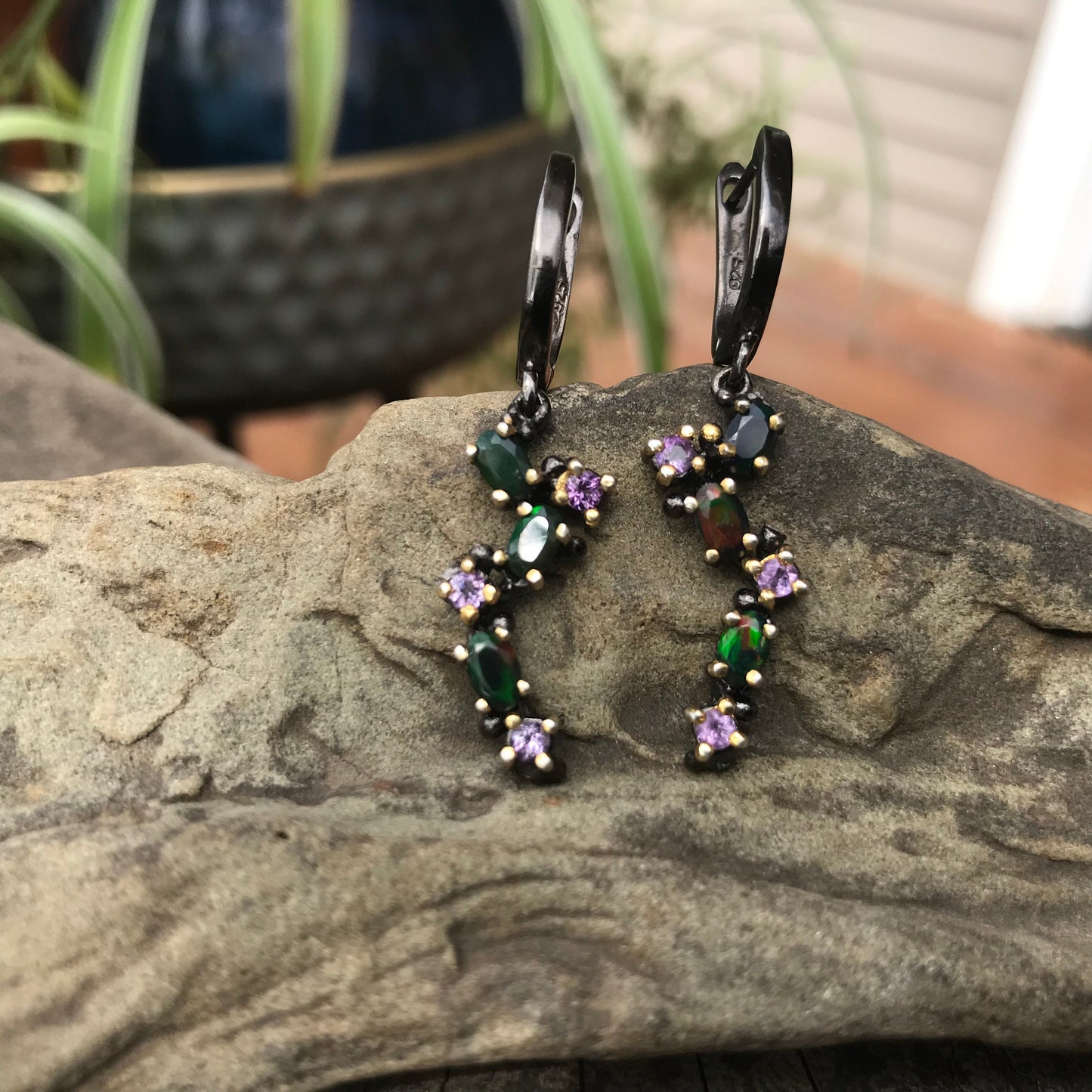 Sterling  Silver rainbow black opal Amethyst dangle earrings