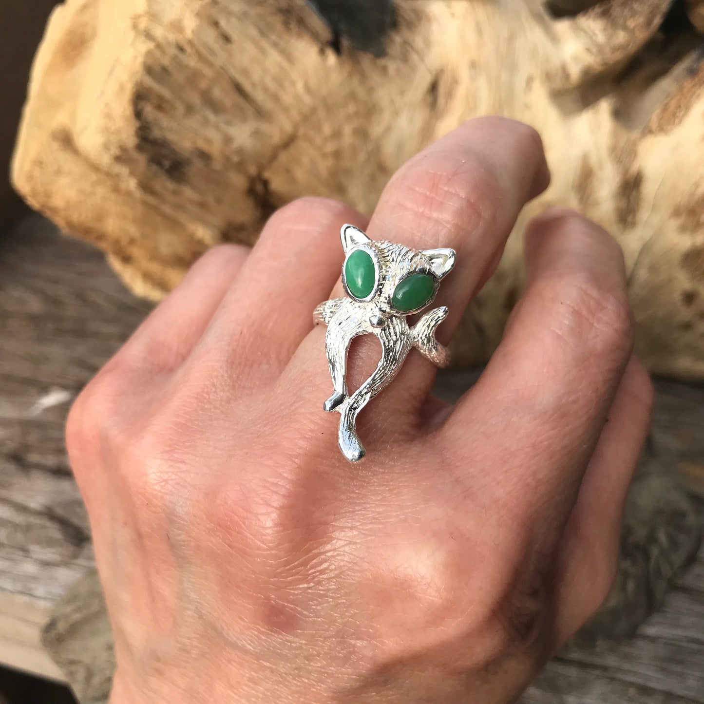 Sterling Silver Cat Kitten Lover chrysoprase ring 6.5