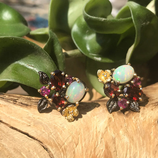 sterling silver Black natural opal rhodolite garnet Stud earrings