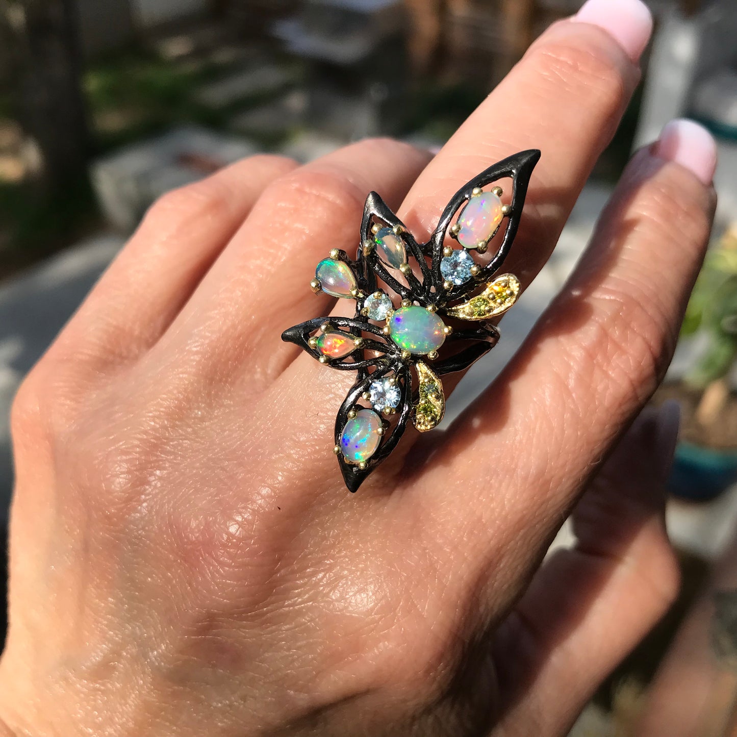 Sterling SilverNatural  flash Opal huge statement butterfly Ring 7.5