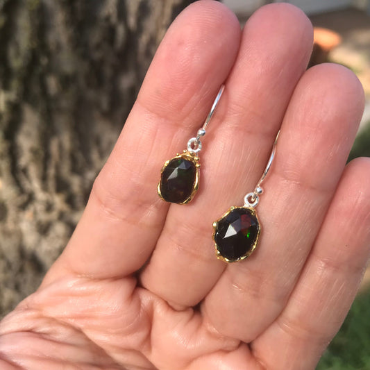 Sterling Silver Natural black red fire Opal heirloom dangle Earrings