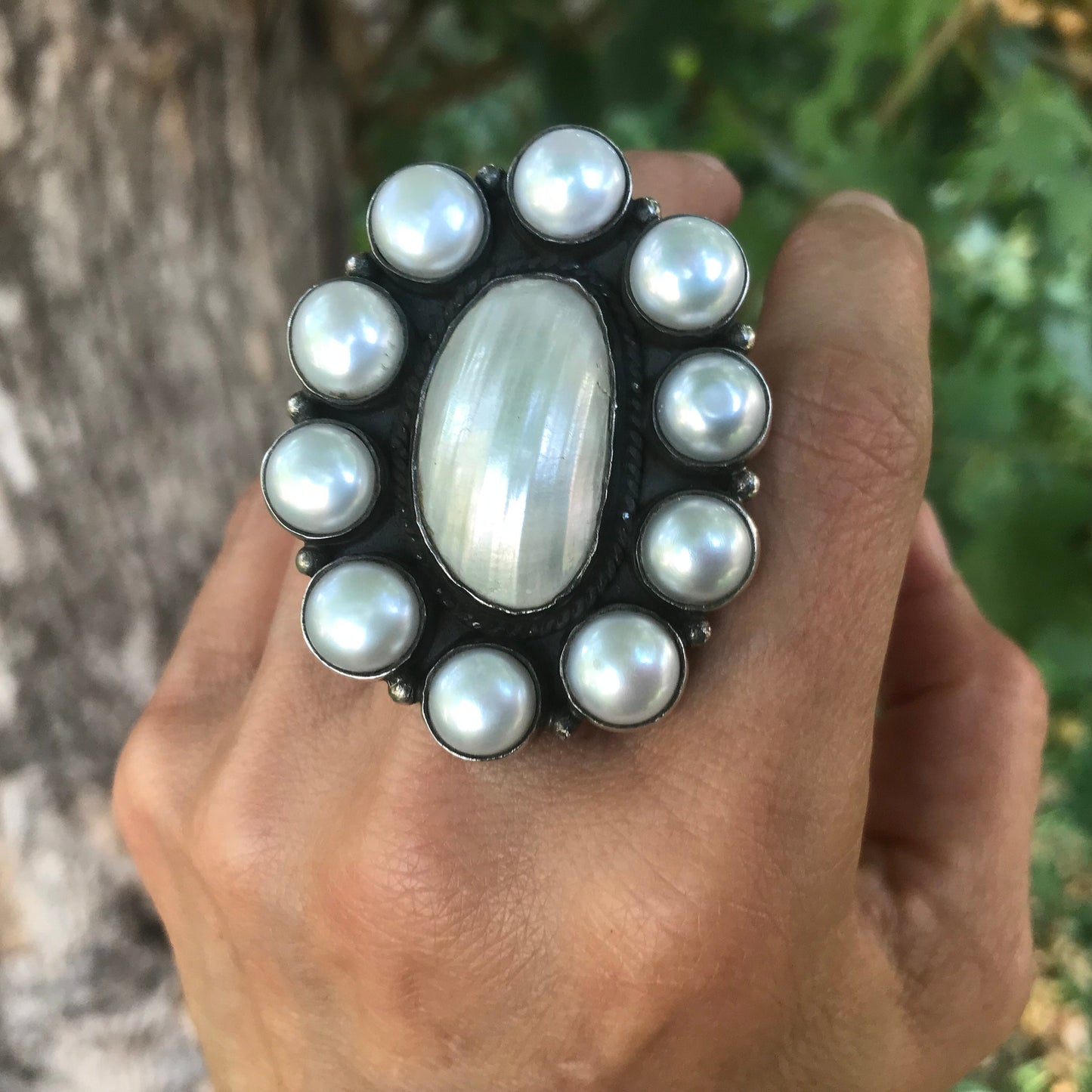 Sterling Silver white Pearl statement Ring 7.5