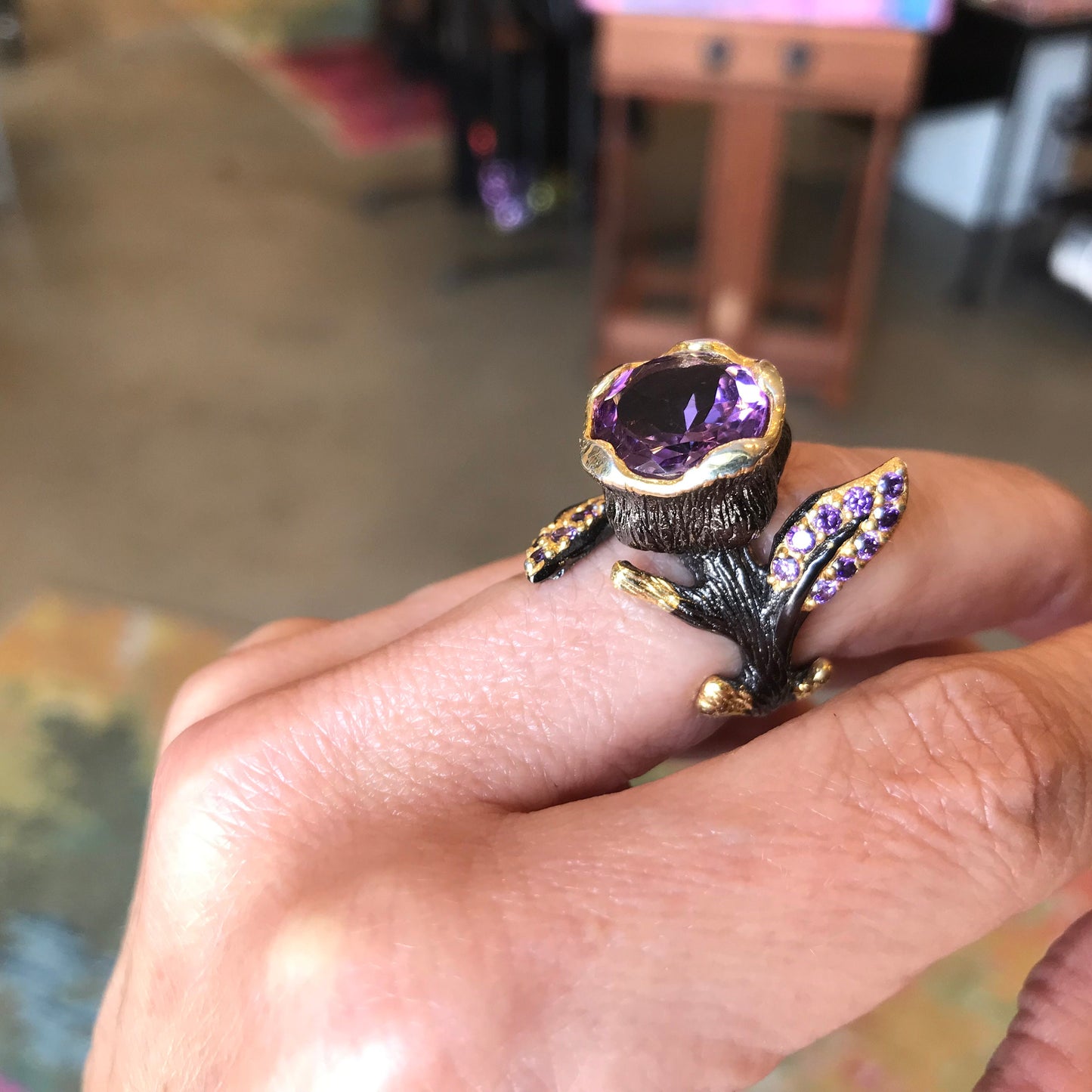 Sterling Silver vintage tulip Amethyst ring 6