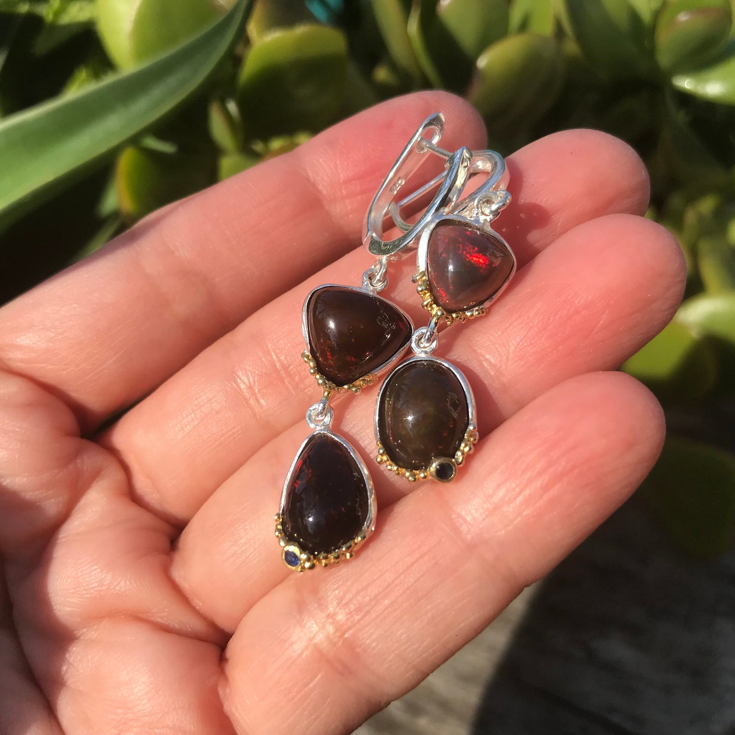 Sterling Silver red Natural Fire opal sapphire earrings