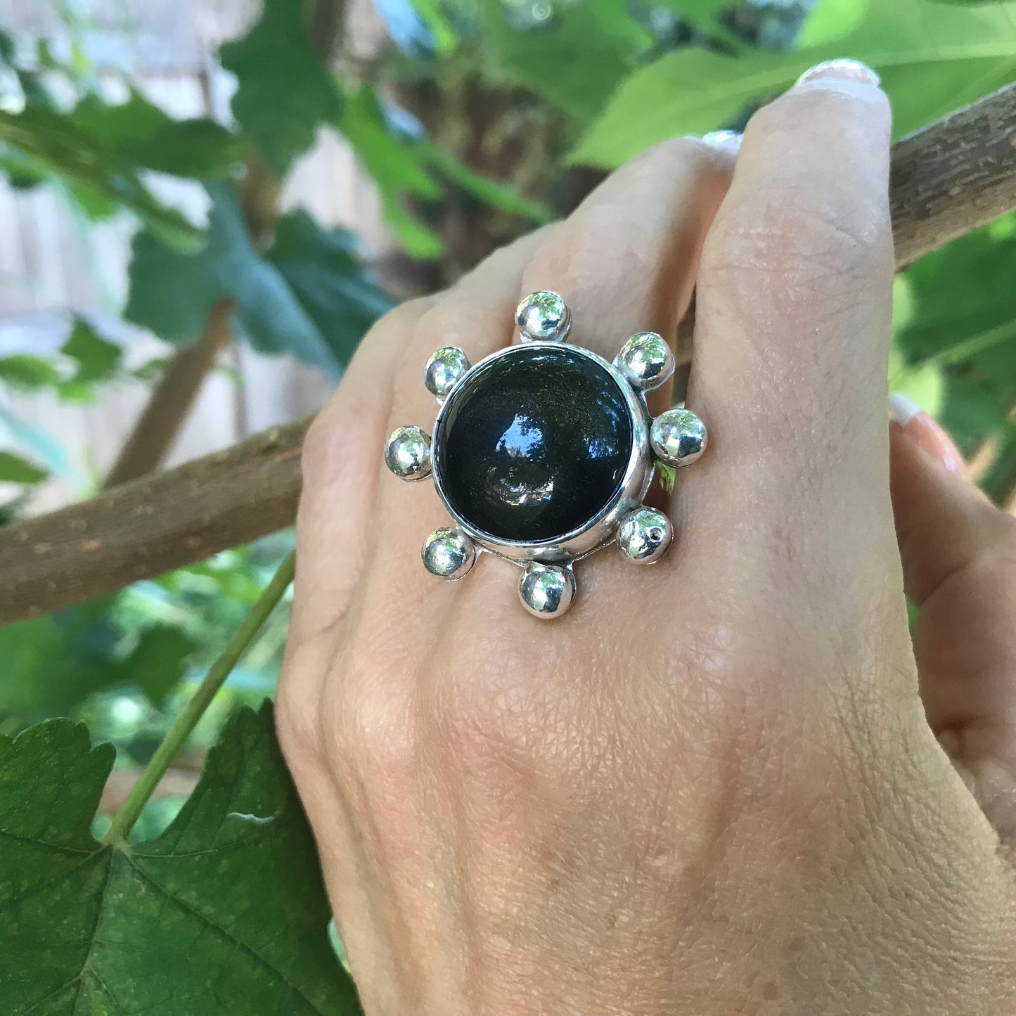 Sterling Statement black obsidian sunburst adjustable ring