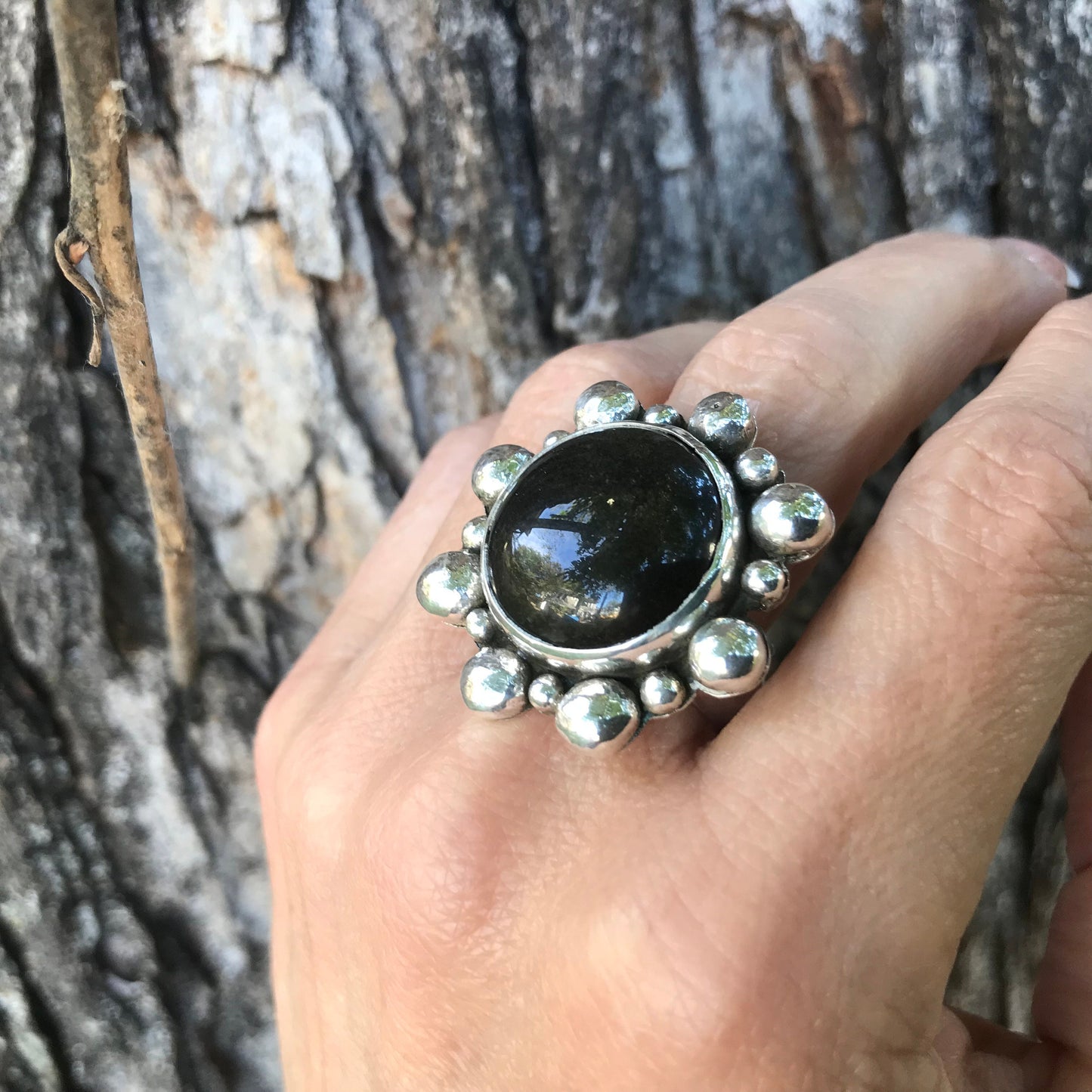 Sterling Statement black obsidian sunburst ring