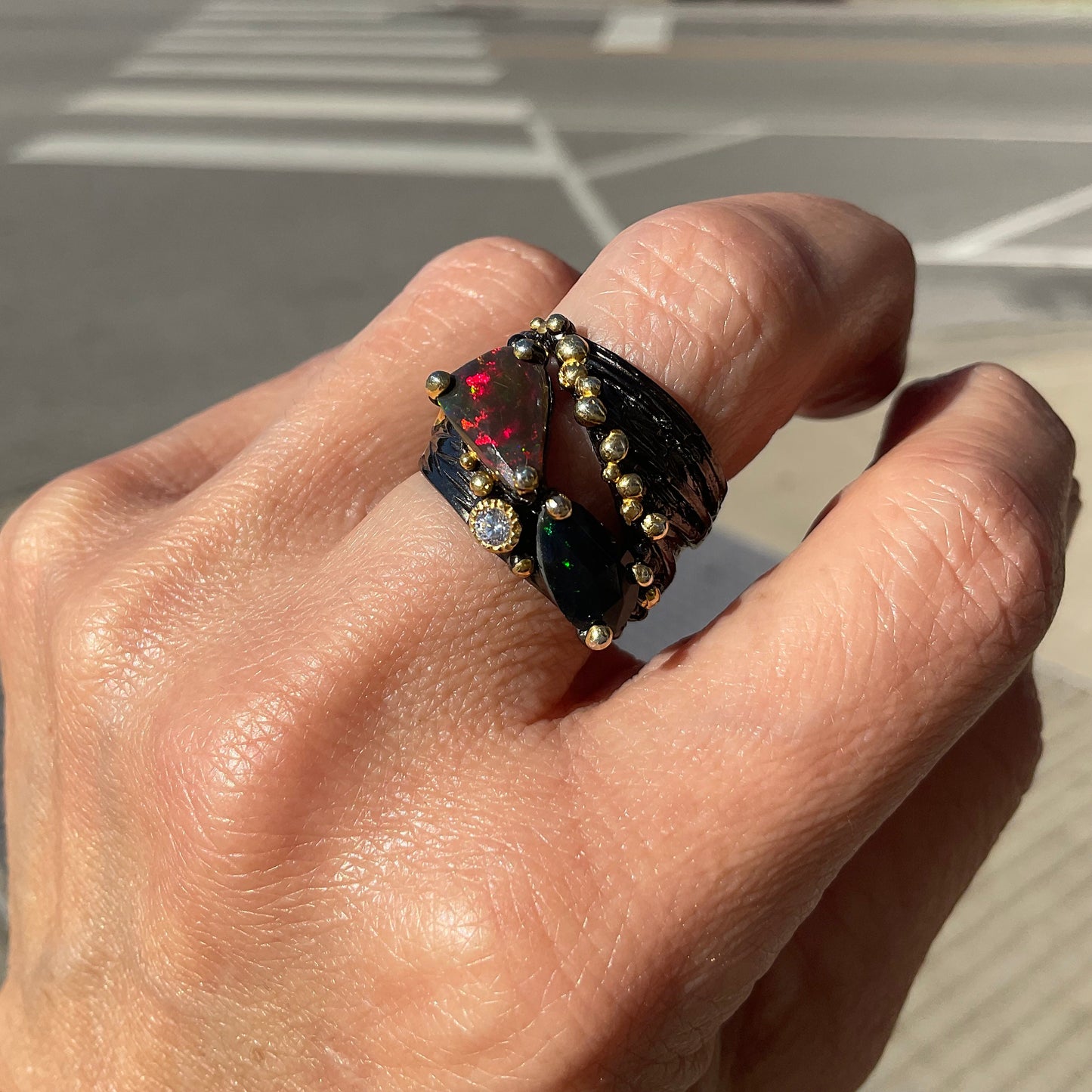 sterling silver natural red blue fire opal band ring 7.5